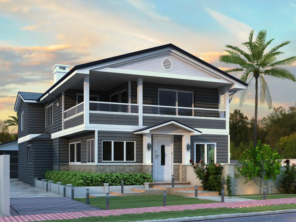 Second-floor extension rendering, front three-quarter view