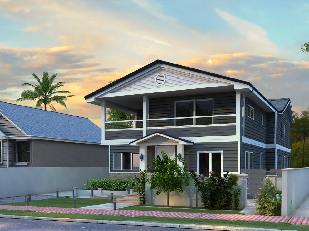 Second-floor extension rendering, street view beside the neighboring house