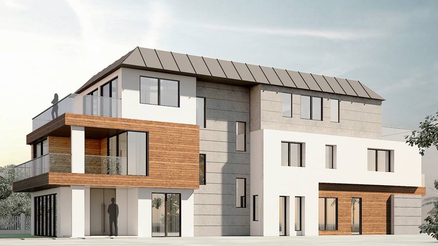 3-story house with ADU rendering, street view