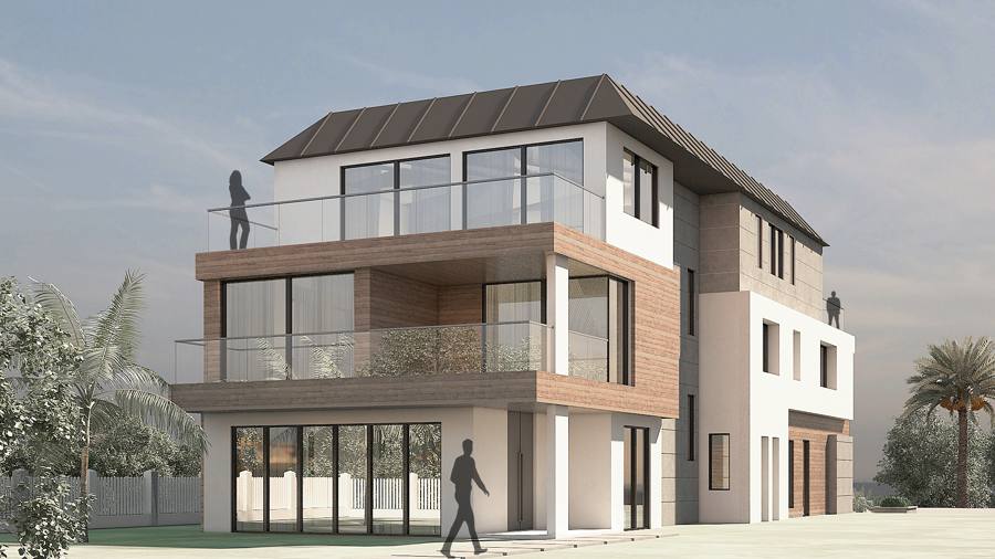 3-story house with ADU rendering, corner view with balconies