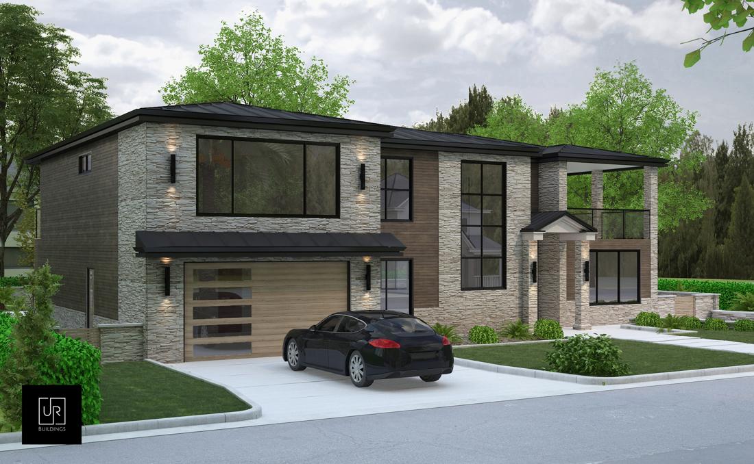 Second-story addition rendering, front view, dark roof option