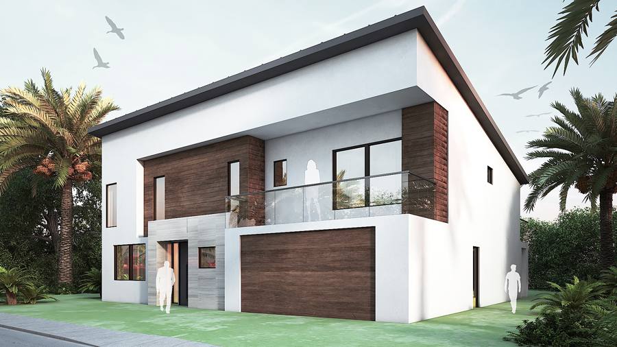 Two-story addition rendering, front three-quarter view