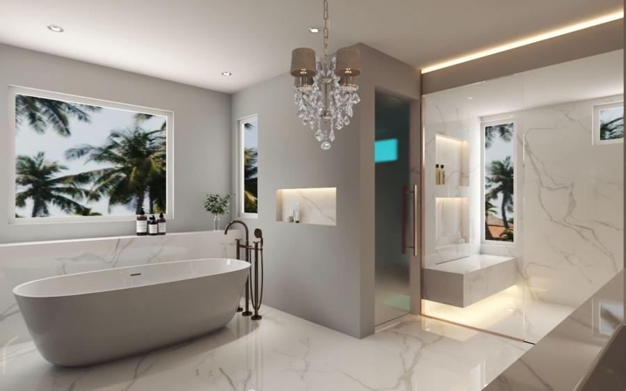 Master bathroom remodel rendering, freestanding tub and walk-in shower