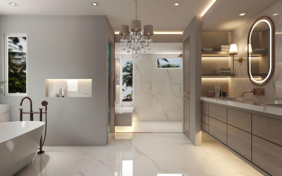 Master bathroom remodel rendering, view toward shower and vanity