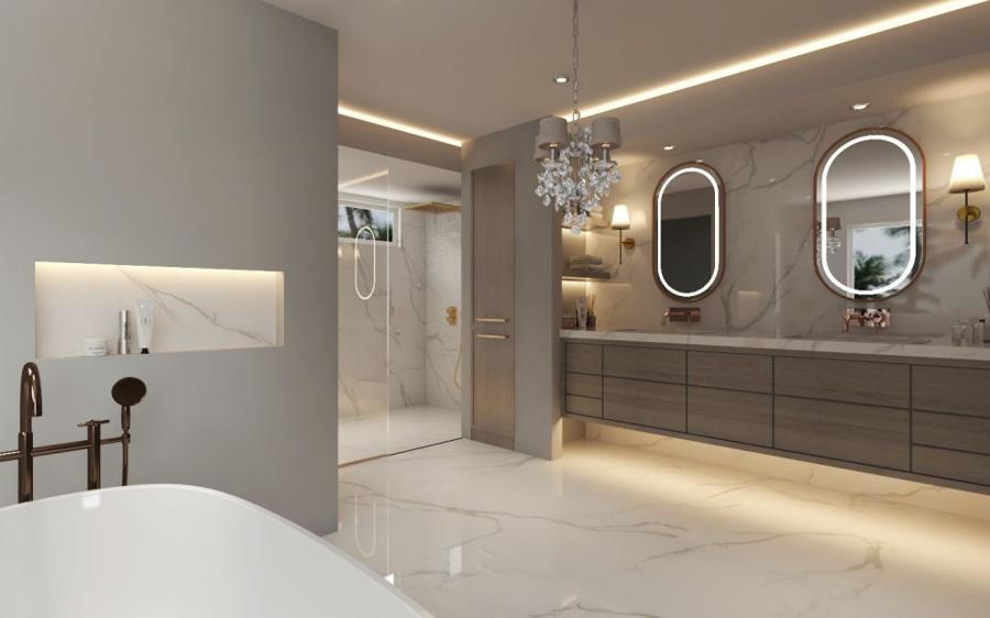 Master bathroom remodel rendering, double vanity with lit mirrors