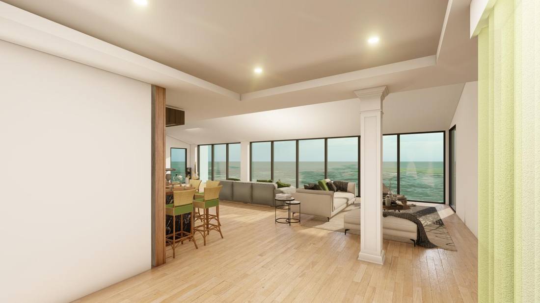 Second-floor remodel rendering, view across the room to the ocean