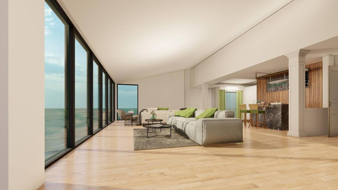 Second-floor remodel rendering, window wall and lounge