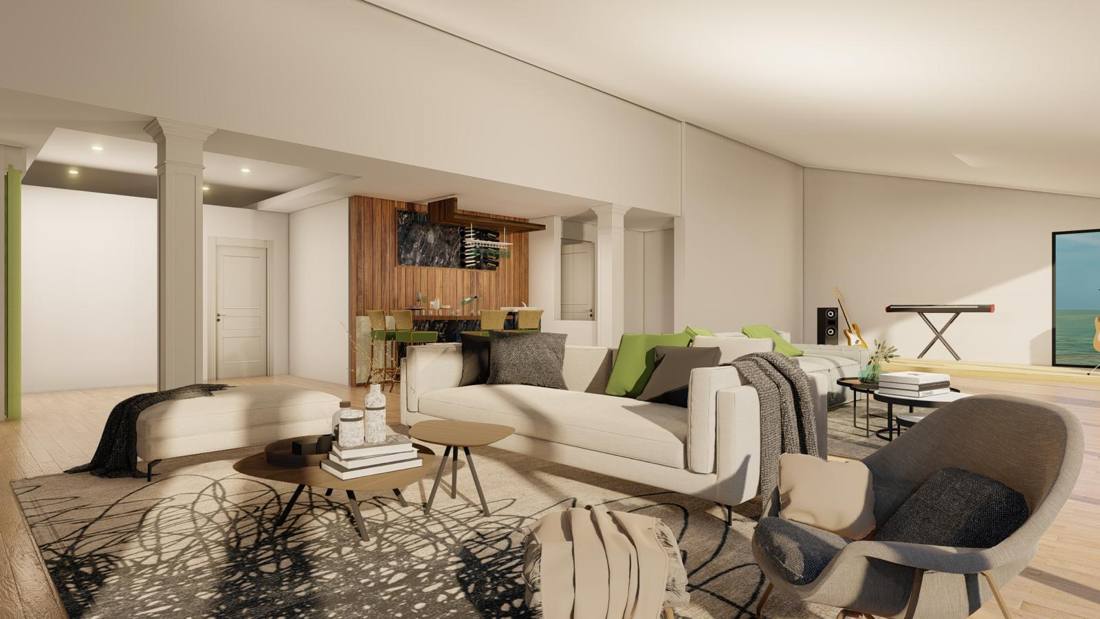 Second-floor remodel rendering, living area and bar