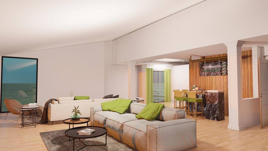 Second-floor remodel rendering, lounge and bar with columns