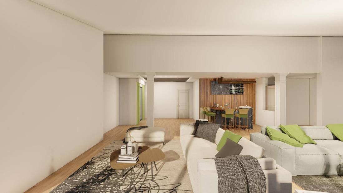 Second-floor remodel rendering, view toward the bar