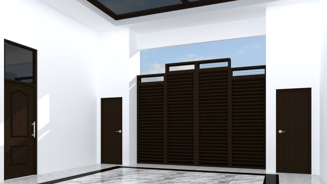 Hip-to-flat roof remodel rendering, entry with louvered front doors