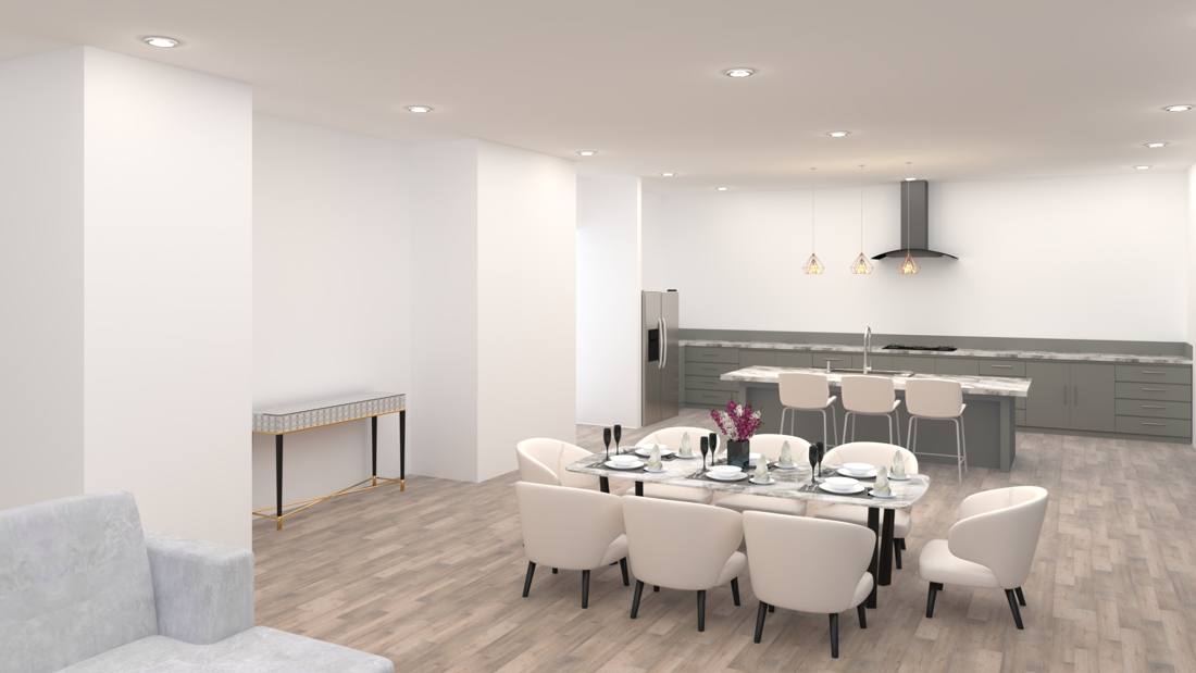 Hip-to-flat roof remodel rendering, open kitchen and dining